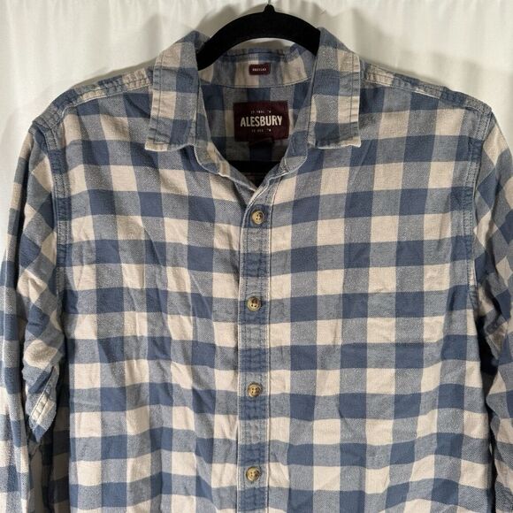 Alesbury Flannel Shirt Mens Medium Blue White Plaid Button Up Long Sleeve Cotton - Picture 2 of 11